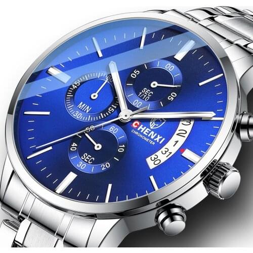 Chronograph Men Watches Silver Stainless Steel Calendar Casual Business Male Quartz Wristwatch Top Brand CHENXI Gift Clock