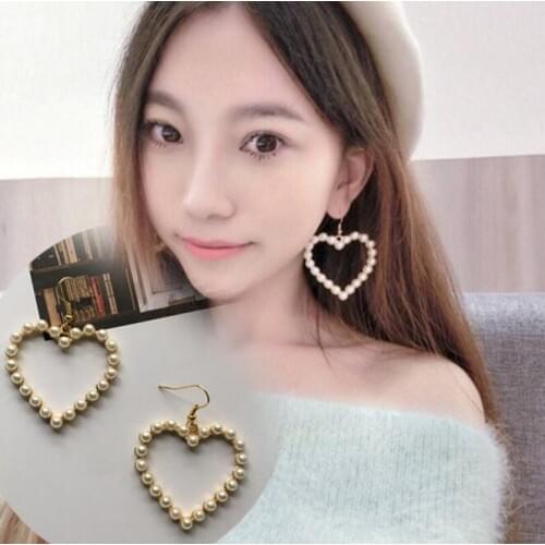 Ey099 Fashion temperament Bohemian female earrings Vintage geometric alloy imitation pearl heart-shaped Female charm earrings