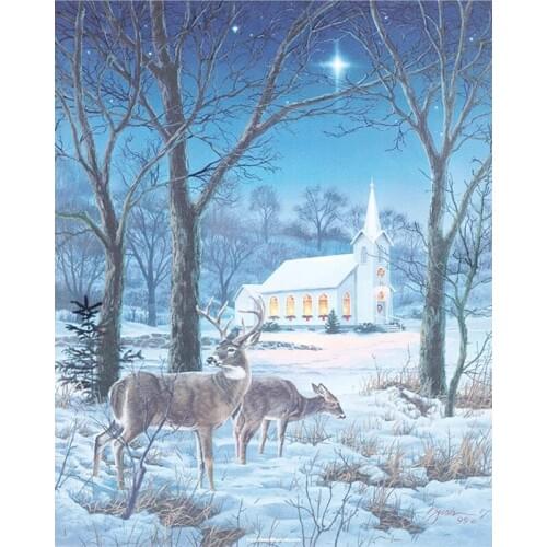 GLymg 5D DIY Diamond Embroidery Manual Craft Painting Kits For Deer In Snow And Church Mosaic Gift Diamond Wall Arts Decor