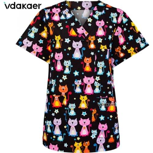 Cat printing cotton Scrubs tops Short Sleeves Unisex Nursing Scrub Suit Women Men Nurse Uniform Clothing Clinic Hospital gown