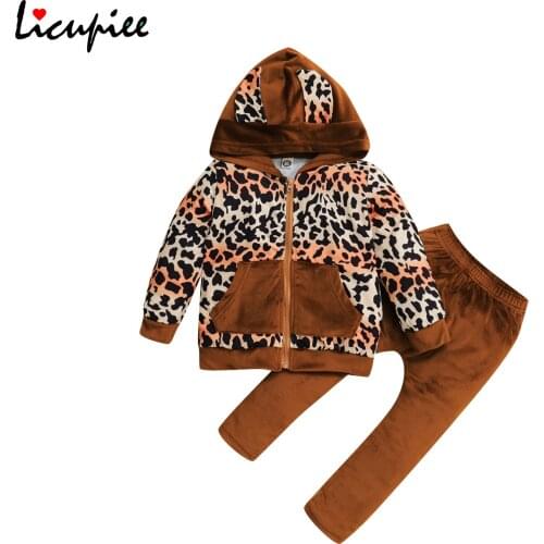 2 Pcs Toddler Casual Outfits, Baby Long Sleeve Leopard Hoodie with Front Pocket + Solid Color Trousers 2-7 Years