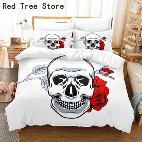 White Skull Bedding Set King 3D Printed Duvet Cover Pillowcase Red Rose Flag Zombie Demon Custom Bedlinens For Boys Kids Adults