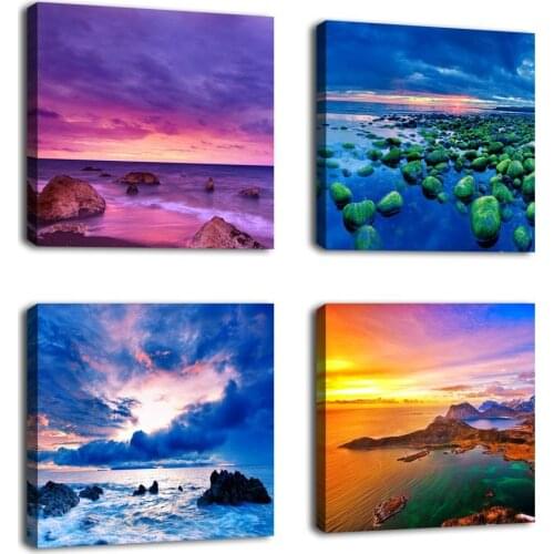 Canvas Wall Art Ocean Sunset Beach Painting Four Color Seascape Canvas Art Coast Nature Picture Modern Art Home Decoration