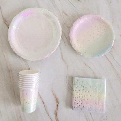 New Rainbow Colour Paper Plates Party Cups Disposable Cutlery Dishes Napkins Towel Cake Fruit Tableware Set 8Pieces