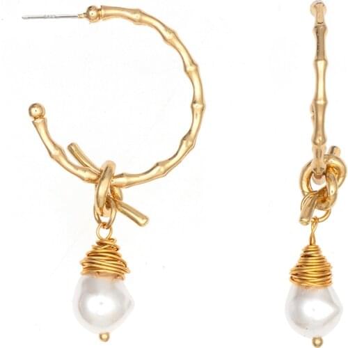 Jaeeyin 2021 New Arrivals Hoop Bamboo Gold Color White Pearl Wire Wrape Twist Dangle Removable Gift For Women Girlfriend