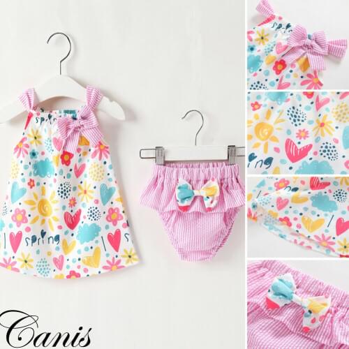 Newborn Baby Girl Clothes Sleeveless Print Cotton Summer Top Dress Short Striped Pants 2pcs Outfits Clothes Set