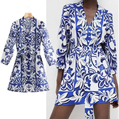 Klkxmyt Za 2021 Blue Shirt Dress Woman Short Summer Dresses Women Long Sleeve Mini Dress Fashion Belt Button Vintage Dresses