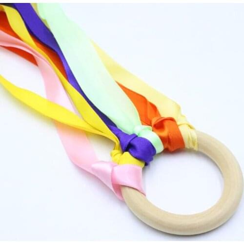 Rainbow Color Ribbon Wooden Ring Waldorf Ribbon With Bell Hand Kite Toy Rainbow Streamers Baby Toy Sports