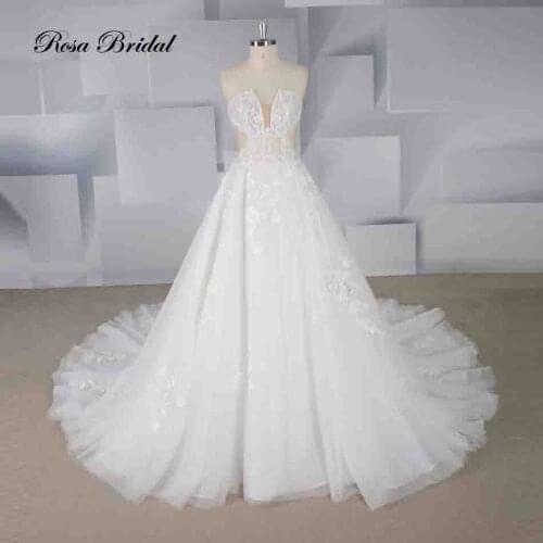 Rosabridal A Line Wedding Dress 2019 Backless Strapless nude tulle lace sexy bridal gown
