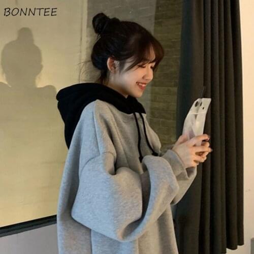 With Hat Hoodies Women Streetwear Spring Thicker Ulzzang Pullovers Long-sleeved Classic Loose Warm Ladies Plus-size Patchwork