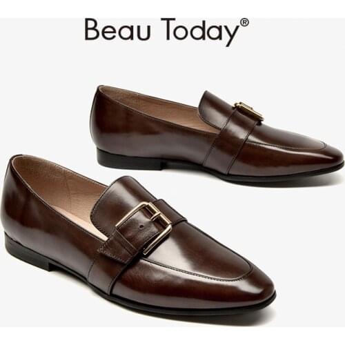 Women Loafers Genuine Calfskin Leather Round Toe Buckle Decoration Shoes Classic Slip On for Women Handmade BeauToday 27272