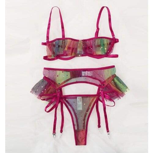 Colorful Lace Sexy Lingerie Set Erotic Bra Thong Garter Womens Underwear 3PC Open Bra Sexy Corsets Transparent Exotic Costumes