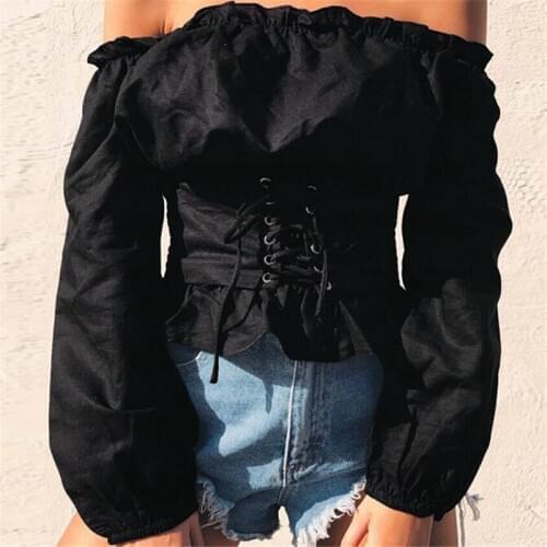 Sexy tunic Blouses Women Tops Lace Up Satin Corset Blouse Lantern Sleeve Off Shoulder Top Shirt Blusa Mujer