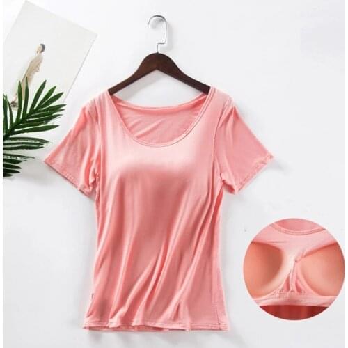 Summer Women T-shirt Built In Bra O-Neck Solid Plus Size Short Sleeve Tops Female Casual TeeModal Breathable Fitness Camisole