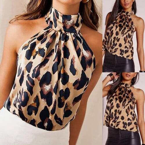Womens Shirt Summer Fashion Sexy Leopard Print Blouse Tight Slim Sleeveless Halter T Shirt Tops Casual Blouses Shirts Plus Size