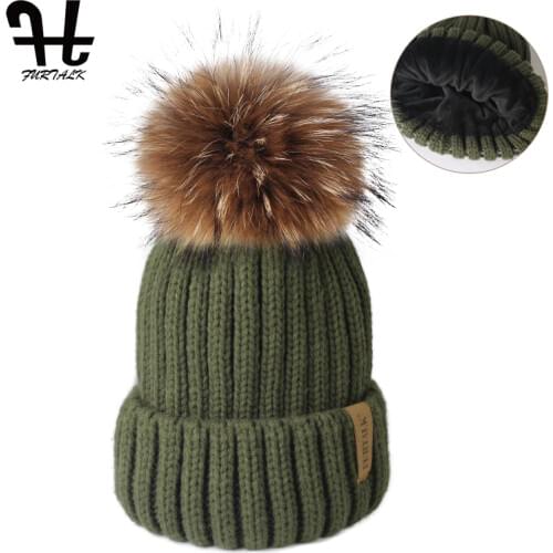 FURTALK Velvet Winter Hat for Women Knitted Beanie Hat Real Roccoon Fur Pom pom Hat Ladies Double Warm Lining Winter Cap Female