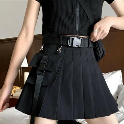 Women Girl Punk Cargo Skirt Vintage Pocket Pleated Japanese Gothic Frill Mini Skirt