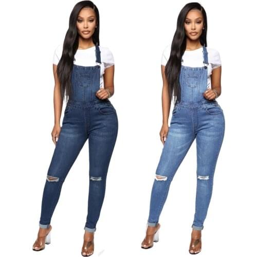 New Spring Women Overalls Cool Denim Jumpsuit Ripped Holes Casual Jeans Ladies Sleeveless Skinny Jumpsuits Hollow Out Rompers