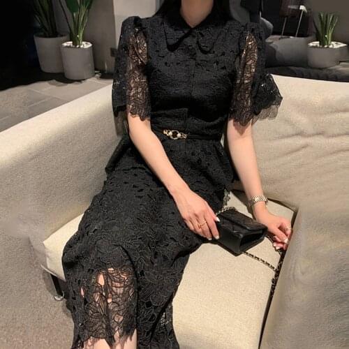 Sannian Women Set 2021 Summer Lapel Lace Hollow Crochet Single-breasted Shirt+high Waist Bag Hip Skirt With Belt Ladies Clothes