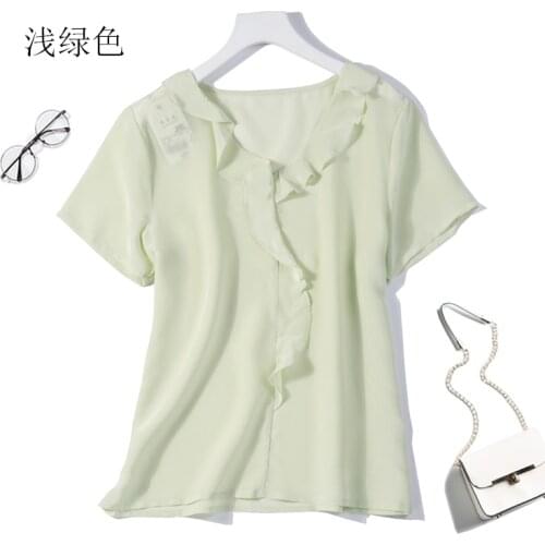 Womens 100% Pure Silk V-neck short sleeve Ruffle Neck Top Shirt Blouse top M L XL JN170