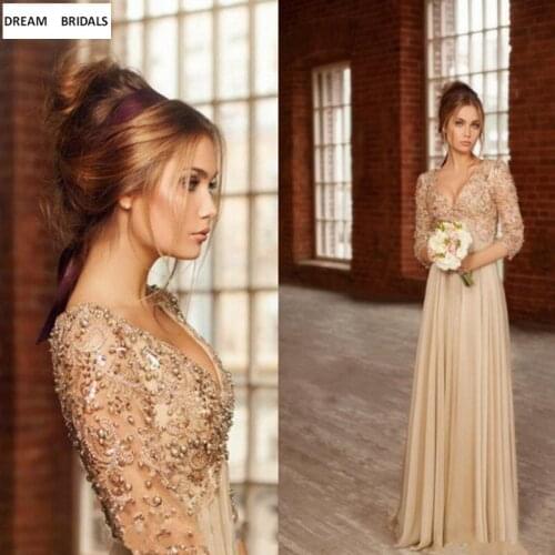 Chamgane Pearls Lace Evening Gowns Muslim Long Sleeves A-Line Arabic Evening Prom Party Dresses 2019 Free Shipping Vestidos