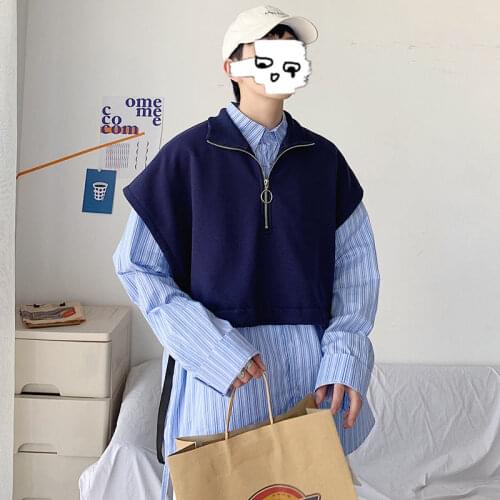 Korean Short Vest Mens Fashion Solid Color Casual Stand Collar Pullover Vest Men Streetwear Wild Loose Hip-hop Gilet Men