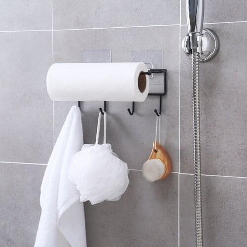 1Pc Practical Wall-mounted Bathroom Towel Rack Home Kitchen Roll Paper Stand Iron Drying Shelf with 4 Hooks