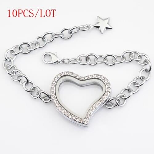 10PCS/LOT,30mm heart magnetic floating bracelet with rhinestones, floating charms adjustable size18-23cm FB0002