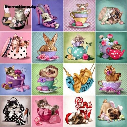 5D Diy Diamond Painting Kit Dogs and Kittens Full Diamond Embroidery Cross Stitch Kits Animals Pictures of Rhinestones Mosaic