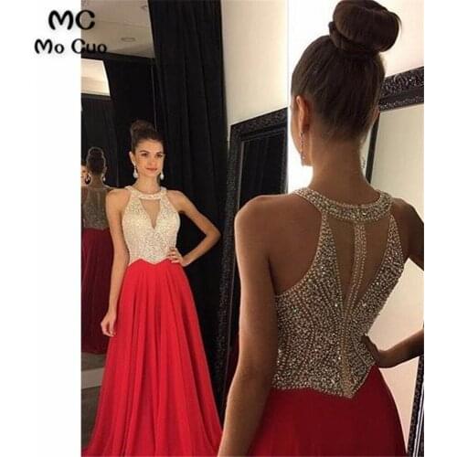 Sparkly Long Evening Party Dresses Prom Gown Beaded Crystals O-Neck Sleeveless A-Line Gowns For Teens Red Evening Dresses