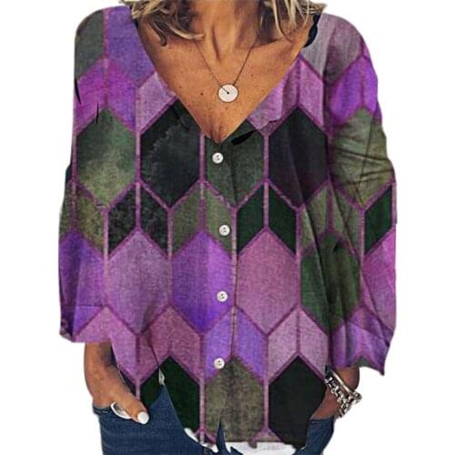 Blouse Women Geometric Hexagon Print Deep V Neck Buttons Long Sleeve Blouse Top Shirt Blouses Loose Fit Geometric Print Tops