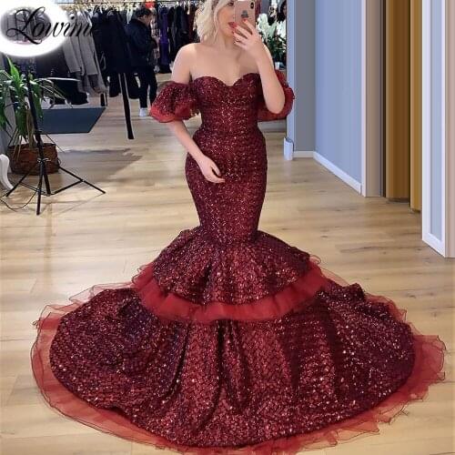 Burgundy Sparkly Sequins Off The Shoulder 2020 Dubai Turkish Saudi Arabia Abendkleider Wedding Party Gowns Robe De Soiree Custom