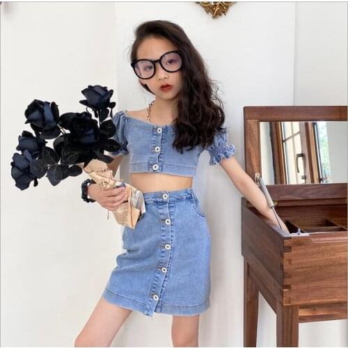 2021 Korea style girls 2 pcs set denim top+skirt fashion summer girls suit 5-11t B307