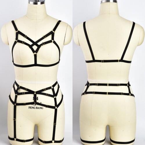 Elastic Adjustable Bondage Body Harness Garter Belt Crop Top Women Cage Bra Stocking Leg Harness Gothic Sexy Lingerie Set