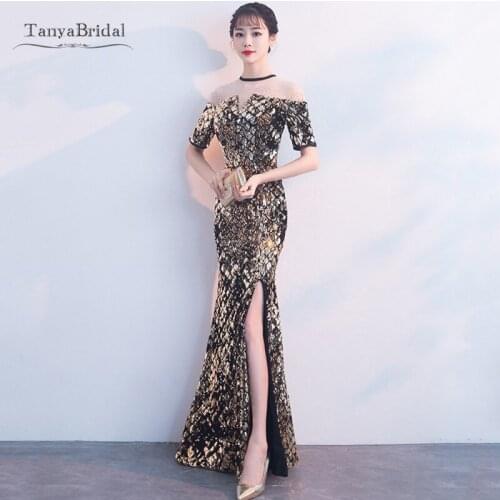 Robe De Soiree Luxury Short Sleeve Evening Dresses 2020 Real Photo Crystal Sequins Dark Gold Mermaid Party Gown