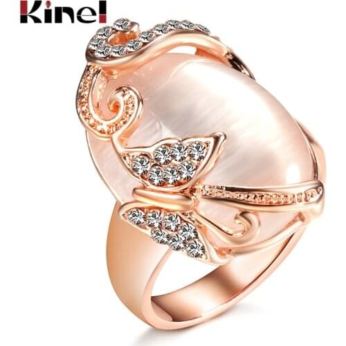 Kinel Fashion Rose Gold Butterfly Ring Mosaic White Crystal Oval Opal Rings For Women Retro Party Wedding Jewelry Drop Shipping