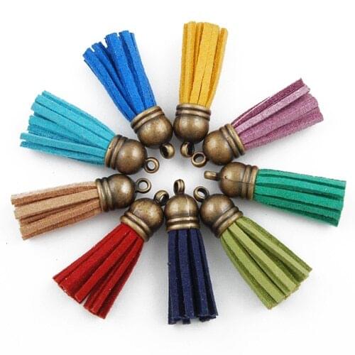 50pcs mix colors leather tassel,tassels for jewelry making,antique bronze plated caps,handmade long tassels,3.5cm length-D1299