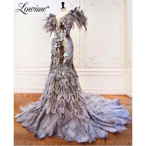 Lowime Luxury Crystals Couture Feathers Dubai Evening Dresses Robe Arabic Mermaid V Neck Party Dress Muslim Celebrity Dresses