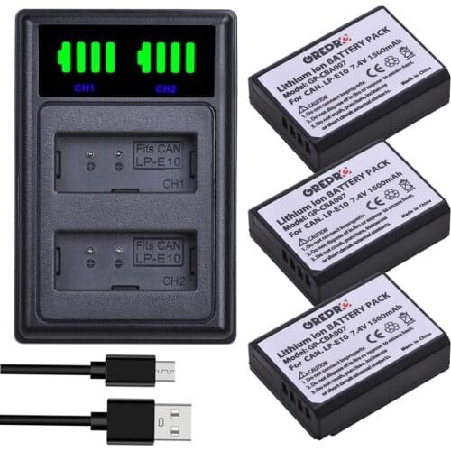 LP-E10 LPE10 LP E10 Camera Battery + LED Dual Charger with type-C port for Canon EOS 1100D 1200D 1300D 2000D Rebel T3 T5 T6