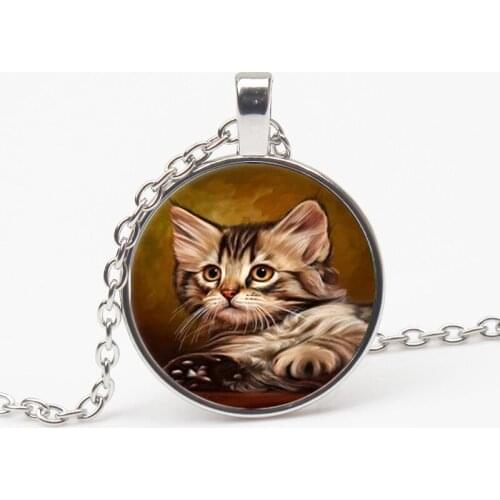 Cute Unique Necklace Glass Cabochon Bronze Chain Necklace Black Cat Picture Retro Pendant Necklace Woman Sweater Choker