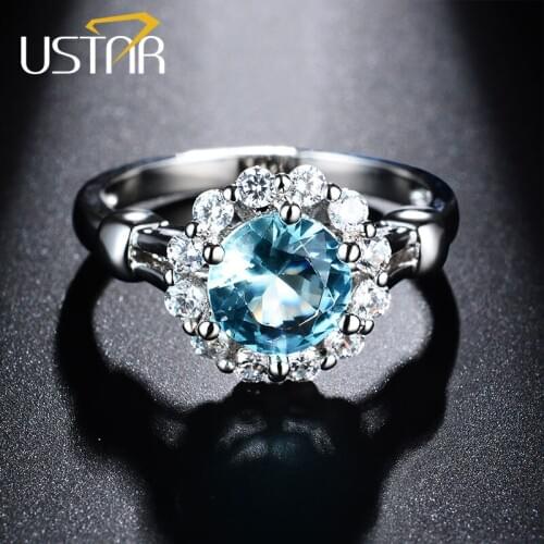 USTAR NEW Blue Cubic Zirconia wedding rings for women white gold color Austria Crystals engagement rings female anel top quality