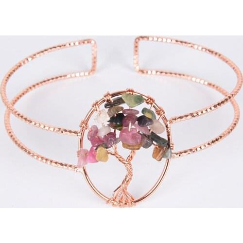 New Chakra Natural Gravel Tree of Life Silver&Gold Color Open Bangle Copper Adjustable Bangle for Women Cuff Wrist Bracelet B009