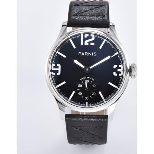 PARNIS Mechanical Male Wristwatch 6498 ST3620 Hand Winding Movement Roman Numbers Leather Band Round Case