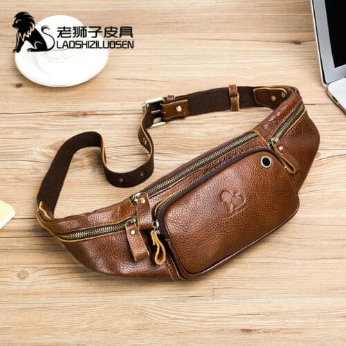 LAOSHIZI Genuine Leather Waist Packs Fanny Pack Belt Bag Phone Pouch Bags Travel Waist Pack Male Small Waist Bag Leather Pouch