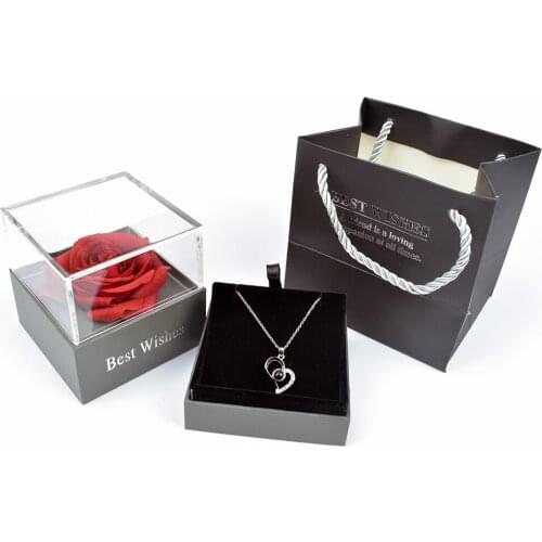 Silk Rose Flower Jewelry Box with Special 100 Languages I Love You Necklace Gift for Mother Girlfriend Valentines Days