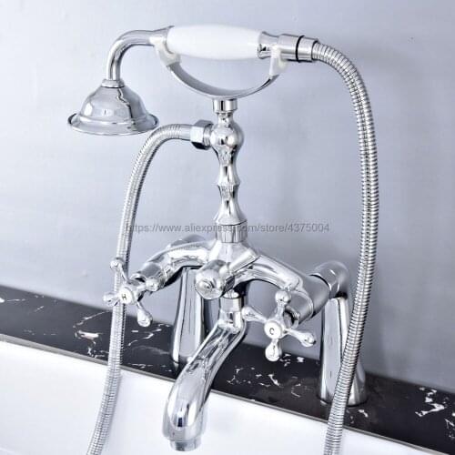 Bathtub Faucet Chrome Deck Mounted Tub Mixer Faucet Dual Handle Hot and Cold Water Tap Telephone Style + hand shower Ntf757