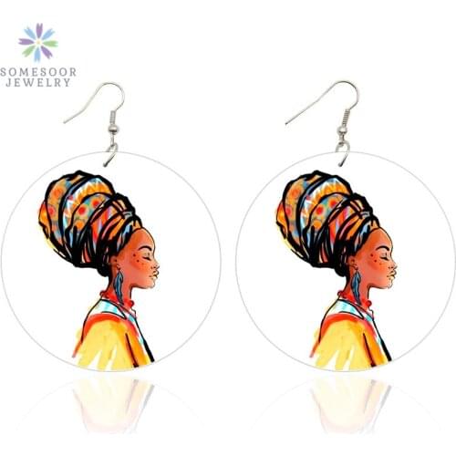 SOMESOOR Afro Headwrap Woman Wooden Drop Earrings African Portrait Black Art Wood Pendant Ear Both Sides Printing Jewelry Gifts