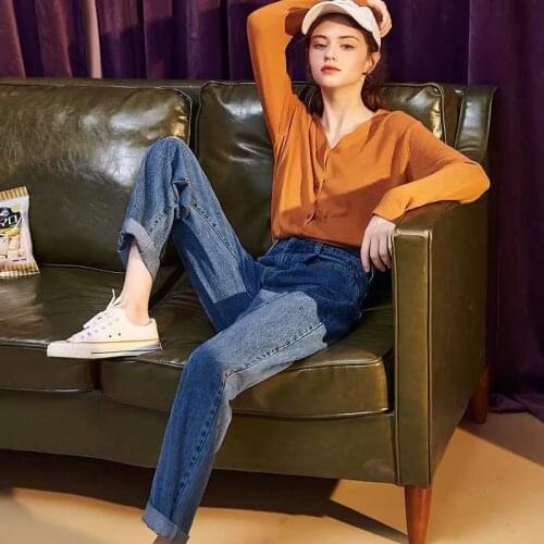 Spring and summer 2020 Korean style loose high-waisted straight-leg jeans female students tall thin wide-leg Denim cropped pants