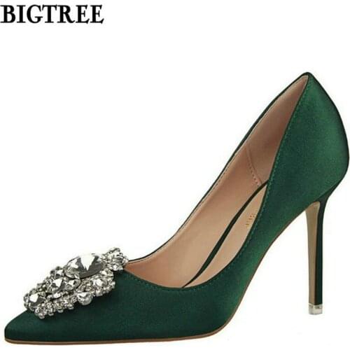 BIGTREE 2020 Summer Satin Crytal Women Pumps Sexy High Heels Shoes Woman Sandals Office Lady Work Shoes Pointed Toe 35-39 516-5