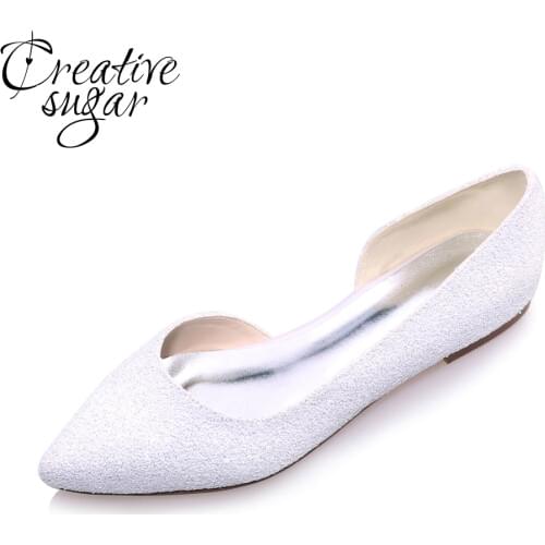 Creativesugar Elegant 3D glitter pointed toe white ivory D'orsay flats woman Casual wedding bridal shoes party prom slip on flat
